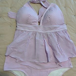 New J.Crew Pink Seersucker Halter bathing suit. XL